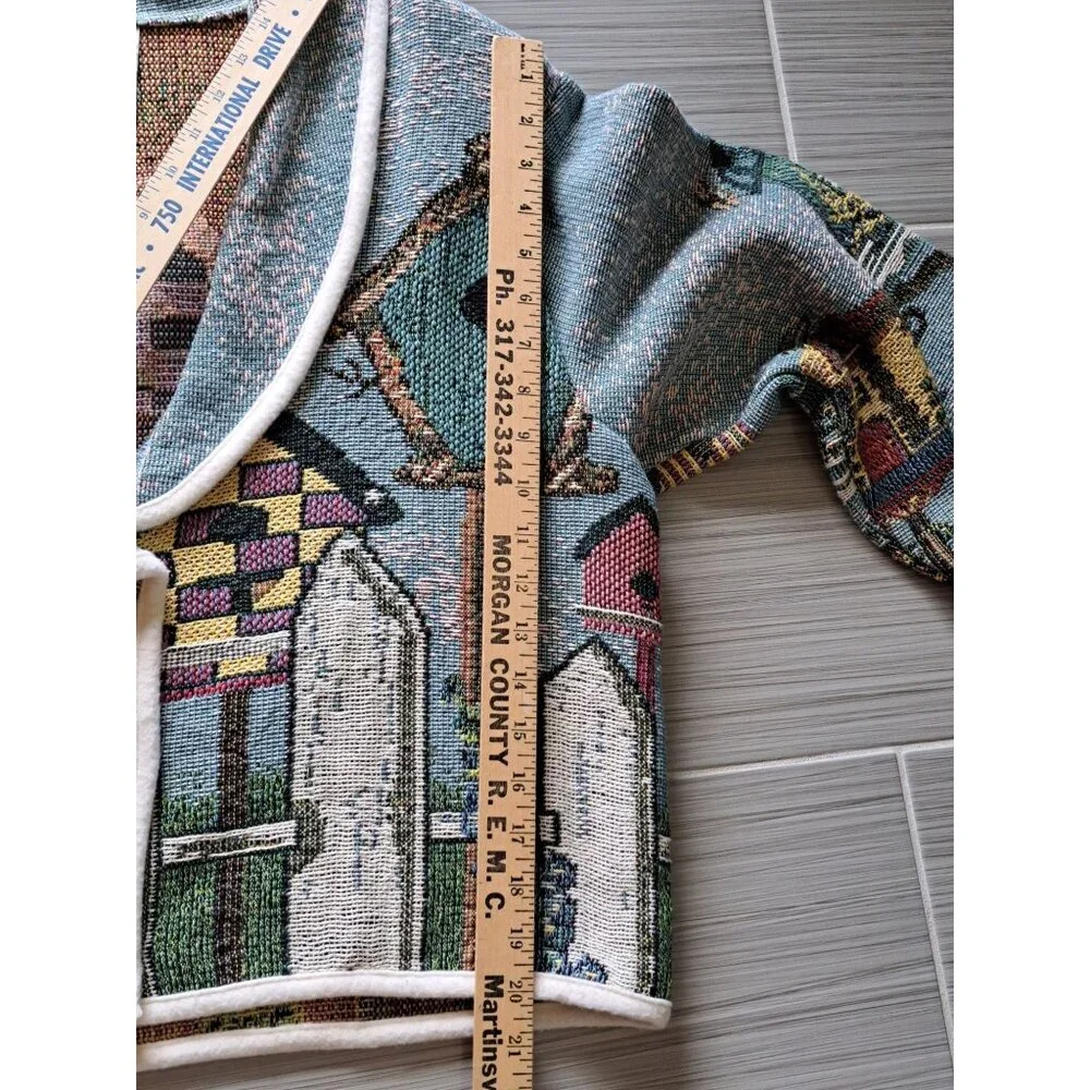 Vtg Birdhouse Tapestry Knit Cardigan Jacket Women's XL Sugar Street Artsy Whimsy - Picture 6 of 12